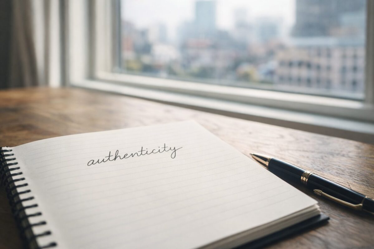 窓辺の自然光の中でノートにauthenticityと書かれたページ。自己像とアイデンティティを考えるイメージ。