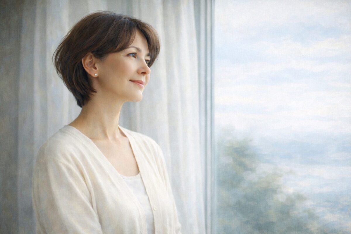 窓辺で穏やかに遠くを見つめる50代女性のイメージ