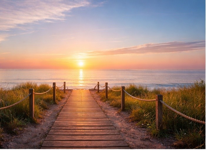 朝日の海へと続く一本道。自分と他人の境界線とこころの安定を象徴する風景