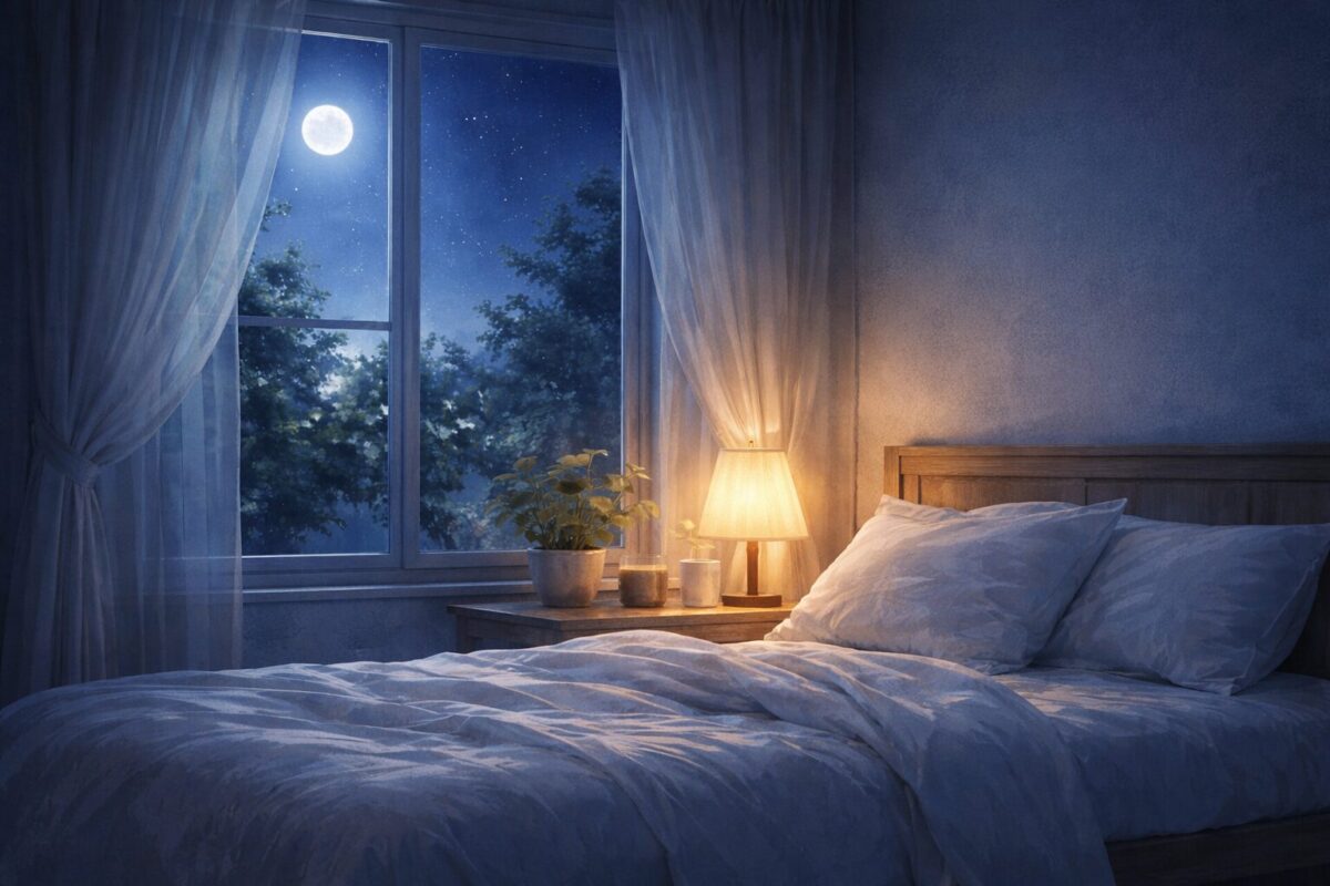 静かな夜の部屋でやわらかい灯りがともる寝室