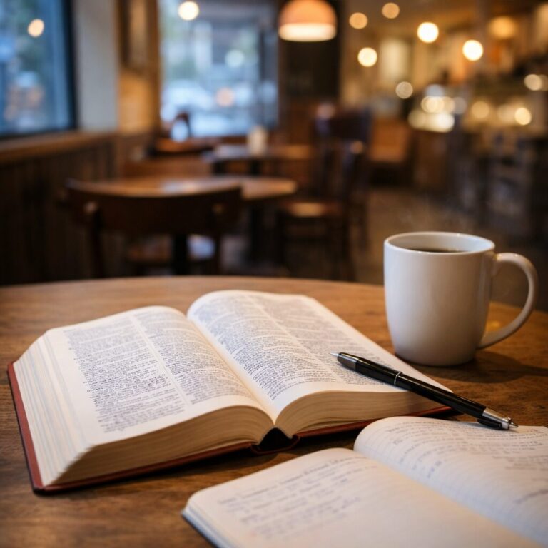 カフェでコーヒーと英語辞書を開きながら静かに学ぶ時間を象徴する風景