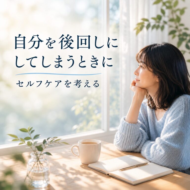 自分を後回しにしてしまい、窓の外を見ながら静かに考えている女性の様子