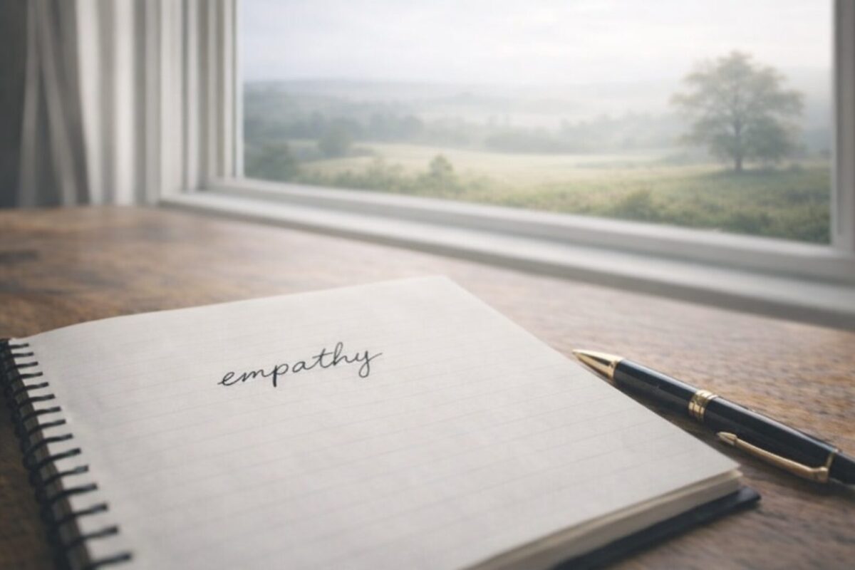 empathyとは何かを表す静かな内省のイメージ、ノートに書かれたempathyと穏やかな風景