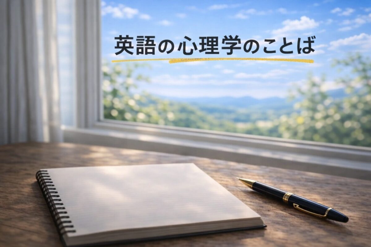 英語の心理学のことばをテーマにしたブログのアイキャッチ画像。ノートとペン、青空の風景
