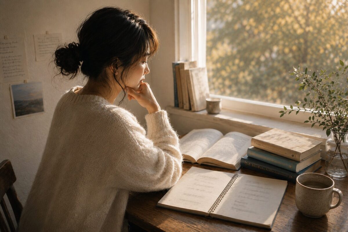 英語の心理学の言葉に触れながら静かに自己像について考えている様子
