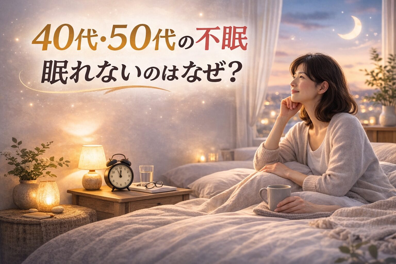 40代・50代の女性が夜の寝室で眠れずに考え込んでいる様子