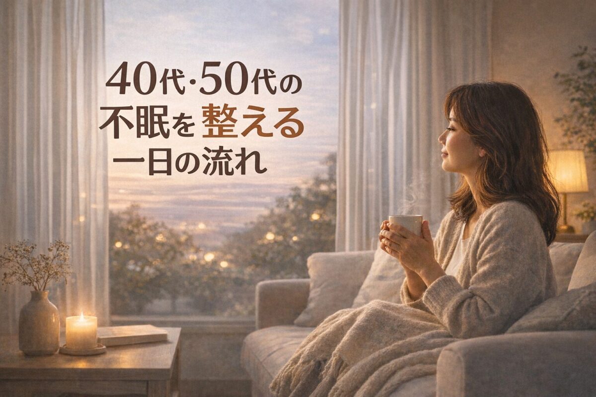 40代・50代の不眠を整える一日の流れをテーマにした、夕方の光の中で温かい飲み物を手にくつろぐ女性の写真