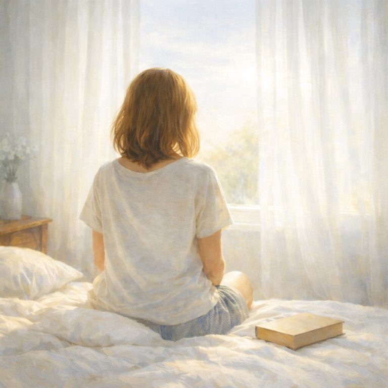 朝の光が差し込む寝室でベッドに座る女性の後ろ姿の絵画風イラスト