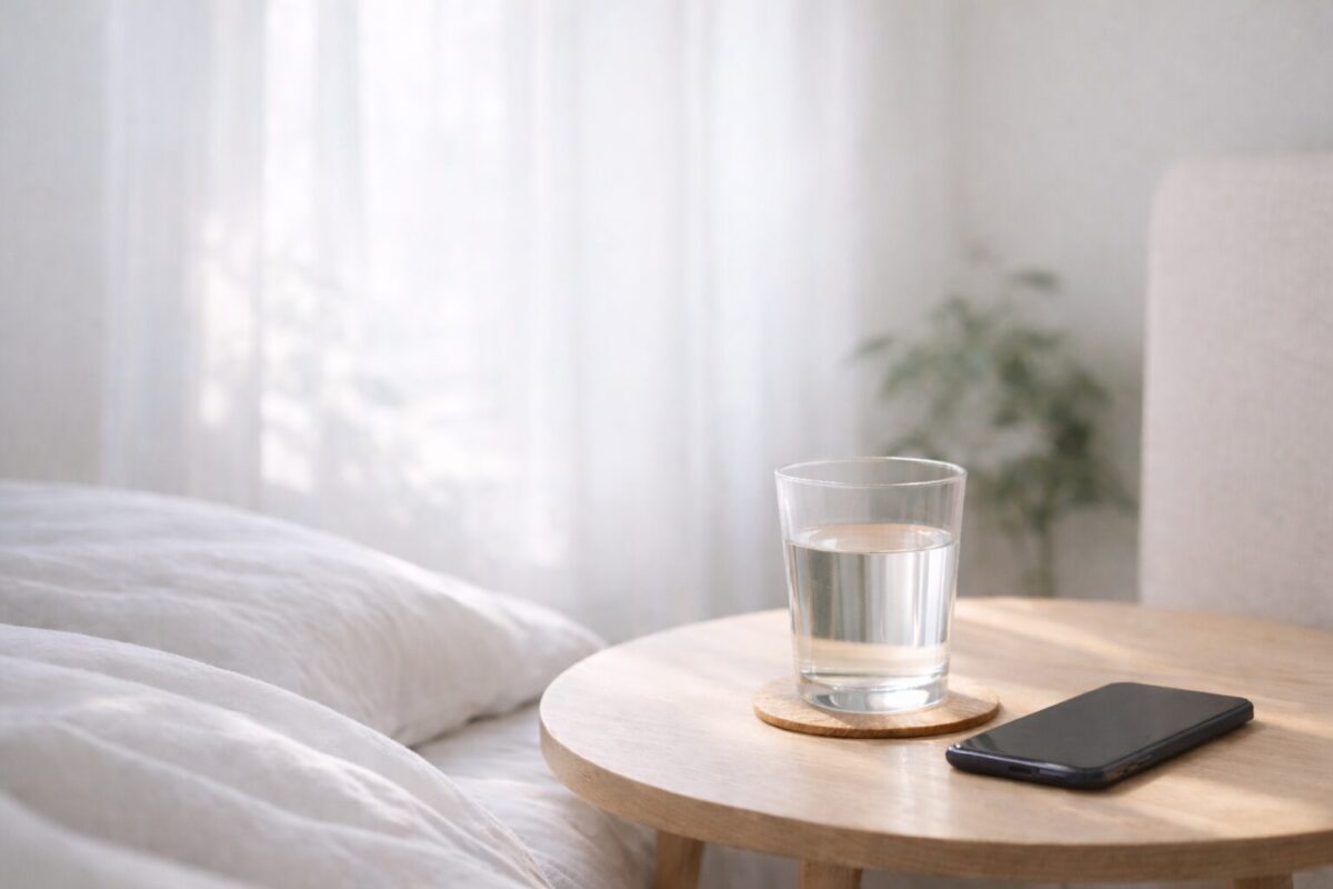人間関係の不安を整えるセルフケアを象徴する朝の静かなベッドサイド風景