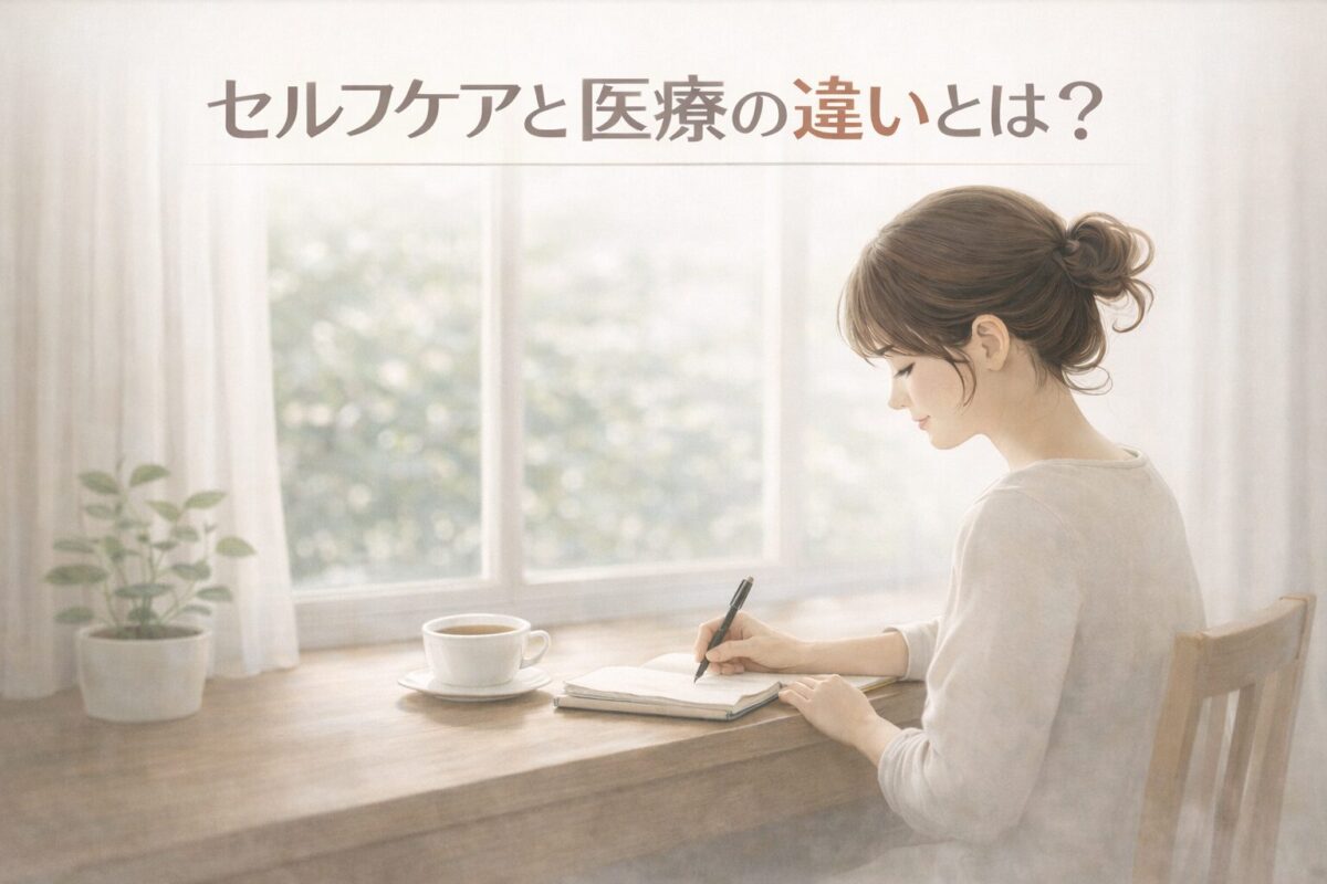窓辺でノートに書きものをする女性。セルフケアと医療の違いについて考えるイメージ