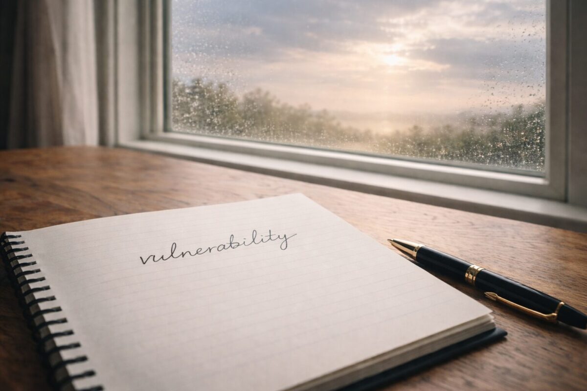 窓際の机のノートにvulnerabilityと書かれ、窓の外には雨上がりの空が広がる静かな風景