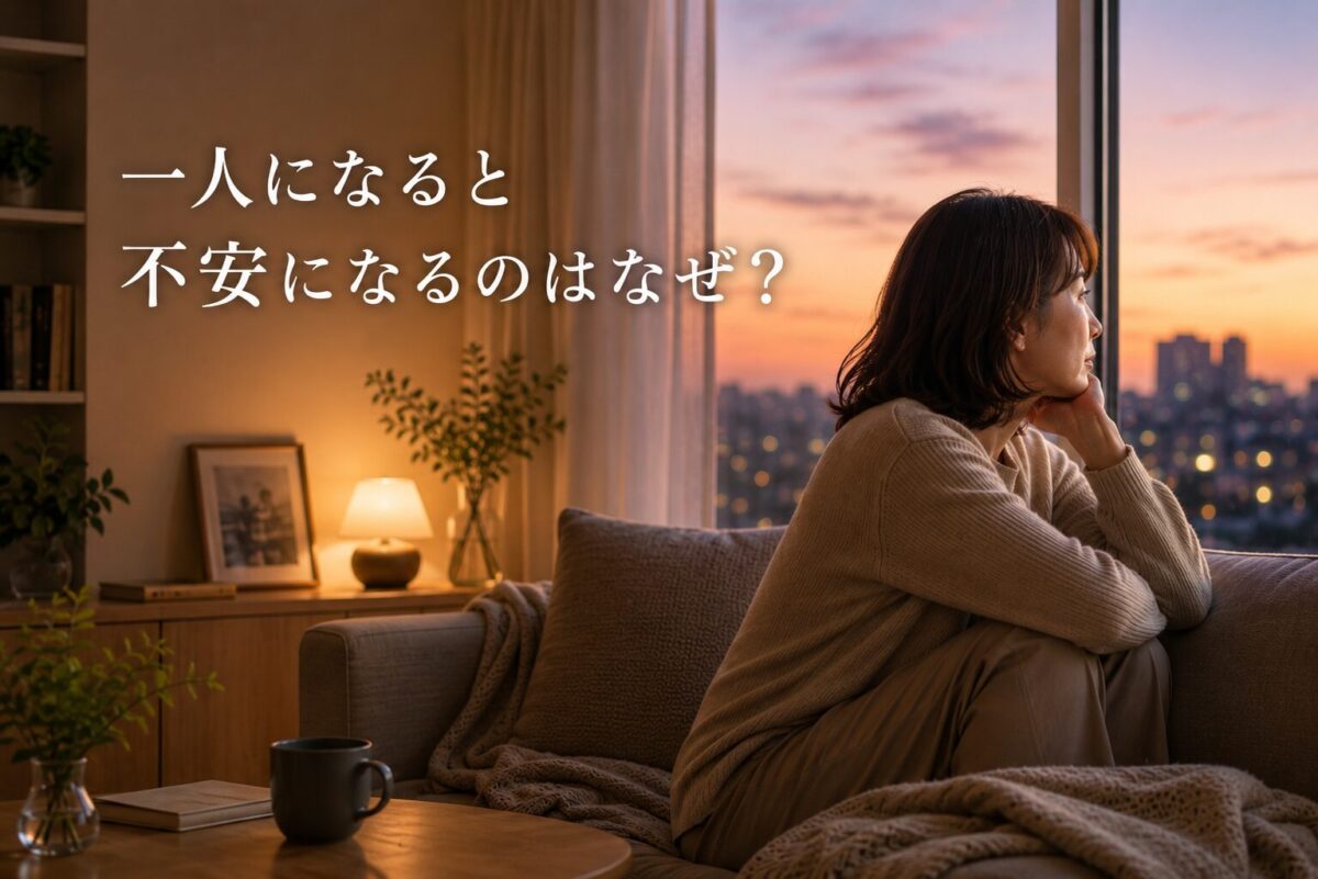 一人で静かな時間を過ごしながら窓の外を見つめる女性。一人になると不安を感じる理由をイメージしたアイキャッチ画像