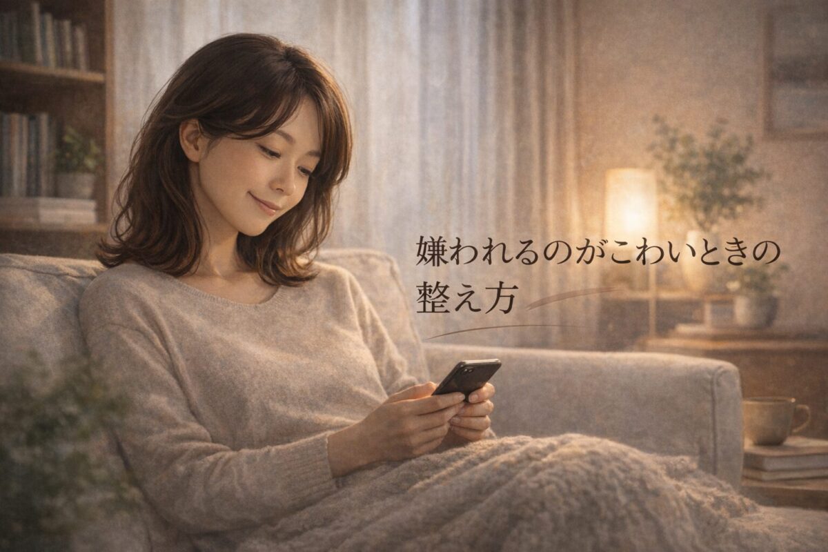 嫌われるのがこわいときの対処法をイメージした落ち着いた室内でスマートフォンを見る女性