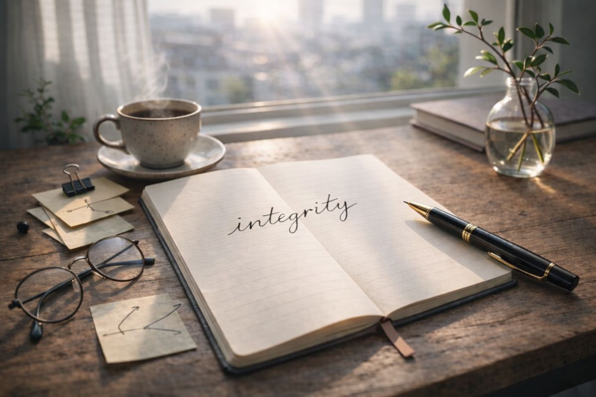 ノートに手書きで「integrity」と書かれた静かなデスク風景。価値観と行動の一貫性を象徴するイメージ