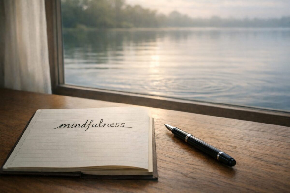 窓の外に静かな水面が広がる朝、mindfulnessと書かれたノートが置かれた机