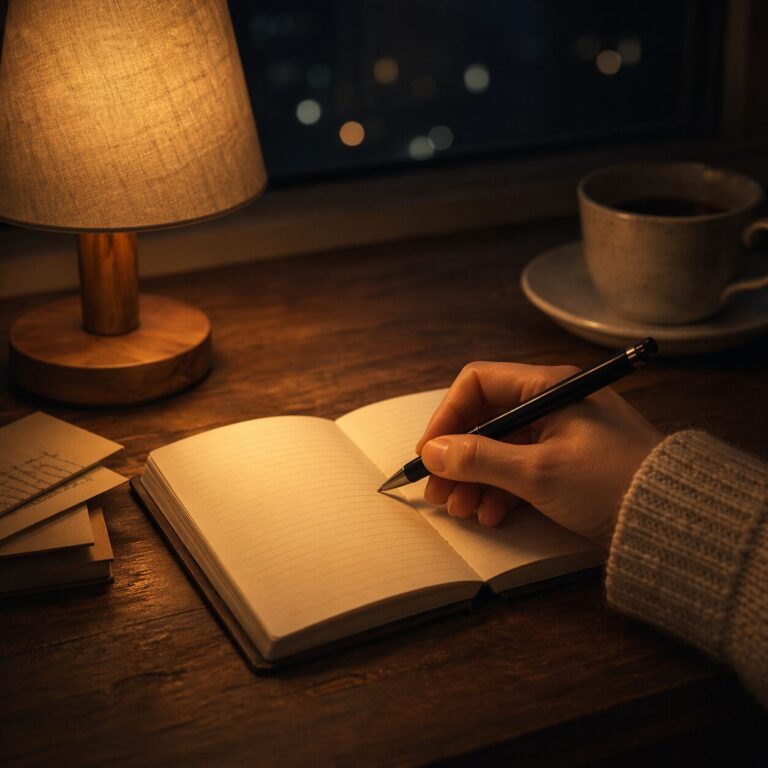 夜に考えすぎて眠れないときにノートに不安を書き出している様子
