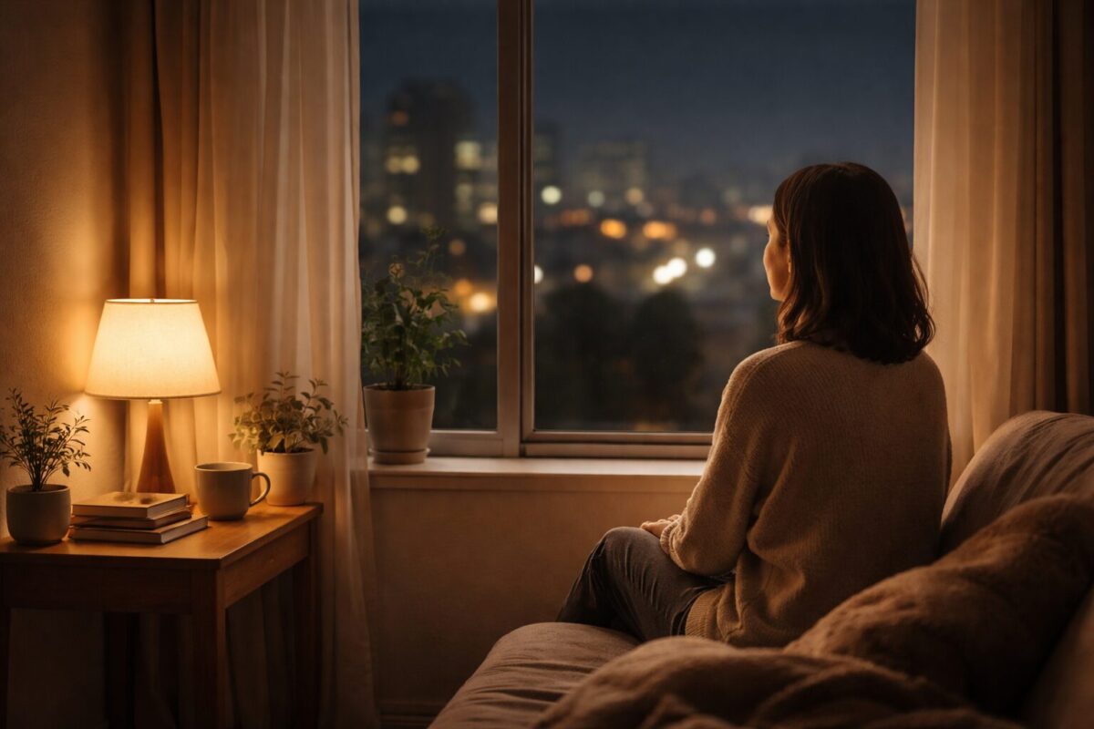 夜の静かな部屋で窓の外を眺めながら過ごす落ち着いた時間