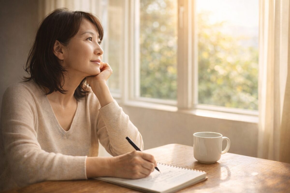 比較の中で見えてくる本当の願いに気づき始めた中年女性が前向きに考えている様子
