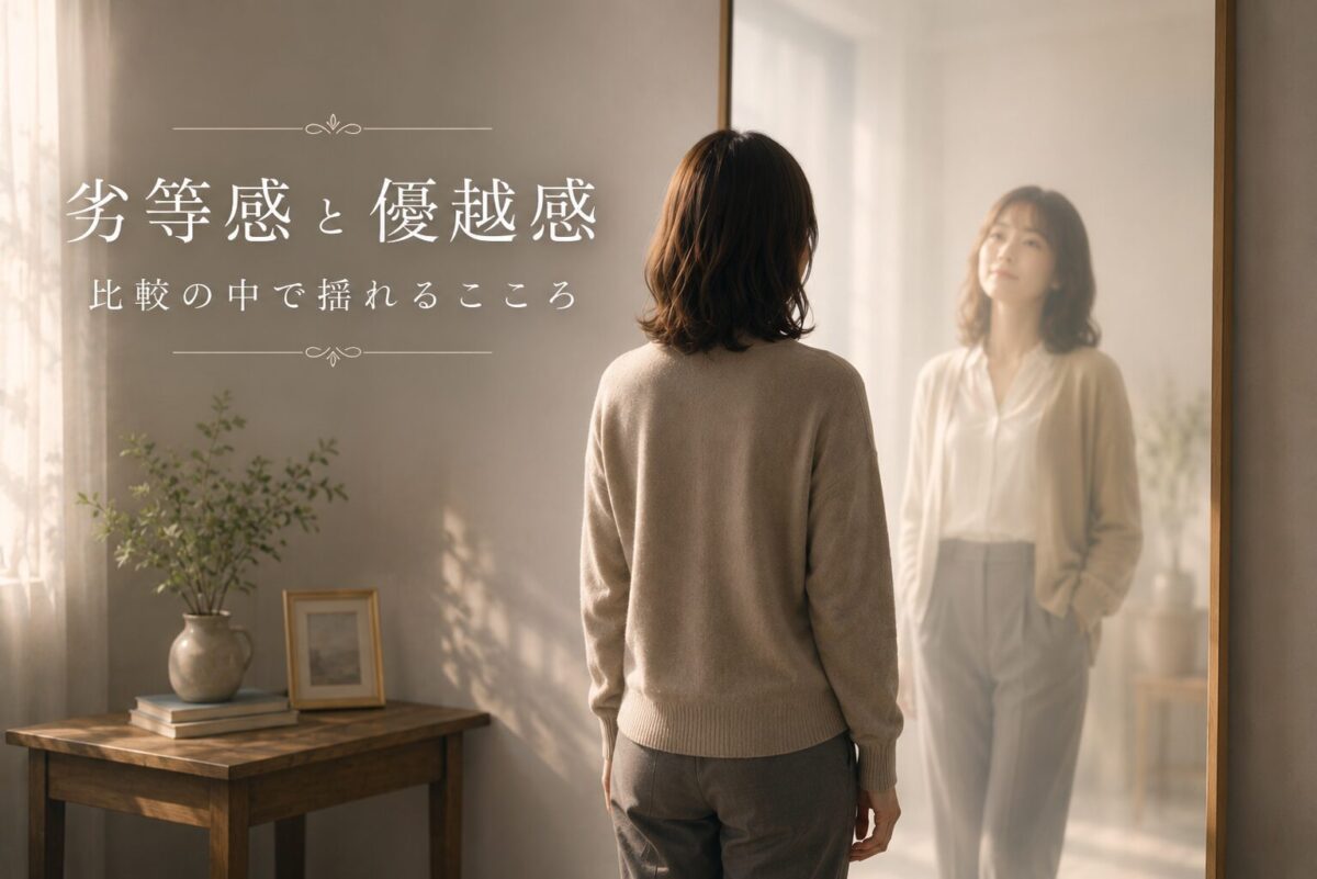 鏡の中の理想化された自分を見つめながら、劣等感と優越感の間で揺れる女性のイメージ
