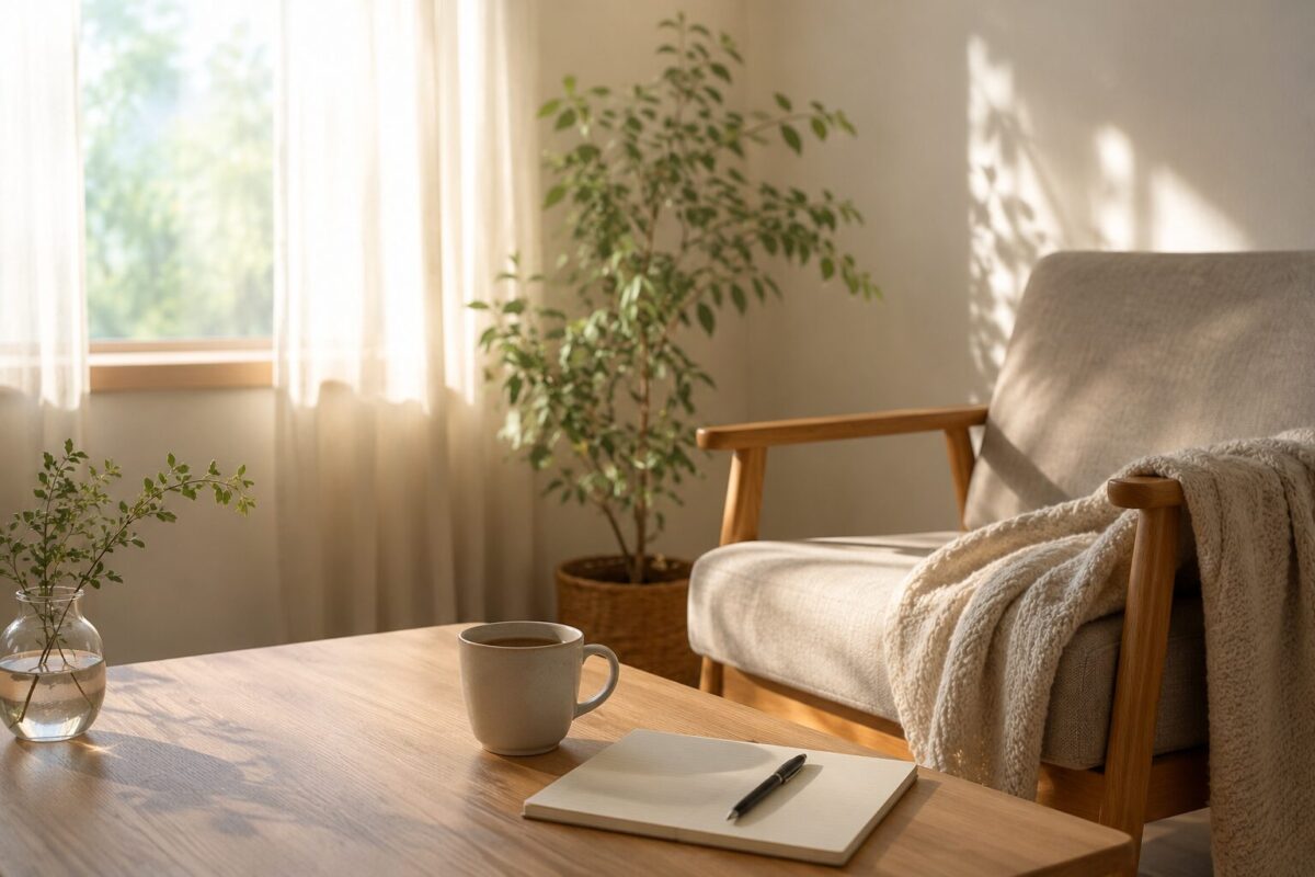 自然光の入る部屋でリラックスし体の緊張をゆるめる静かな時間のイメージ