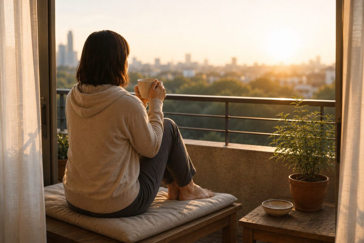 ベランダで温かい飲み物を手に、朝の景色を眺めながら静かに過ごす50代女性。グラウンディングで「今ここ」の感覚を取り戻すイメージ。